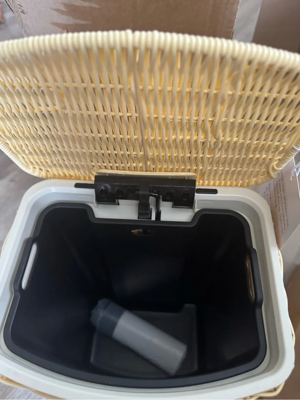 Handwoven Faux Rattan Trash Can Wicker Soft Slow Close Lid, Gold Tone Foot Pedal